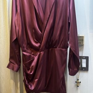 Fashion Nova Satin Wrap Mini Dress - Deep Plum